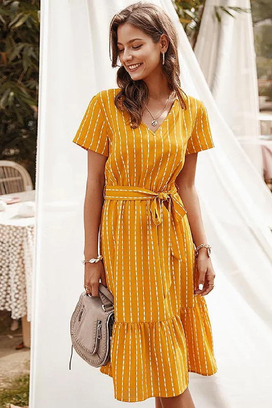 Yellow Striped Midi Casual Dress