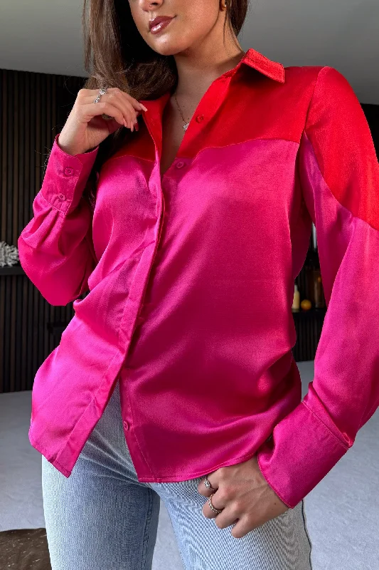 Magnolia Pink Red Satin Long Sleeves Shirt