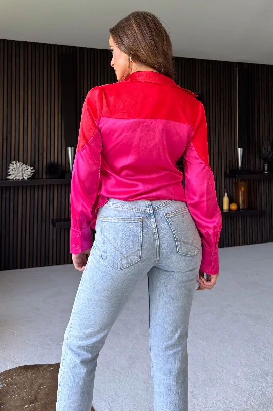 Magnolia Pink Red Satin Long Sleeves Shirt