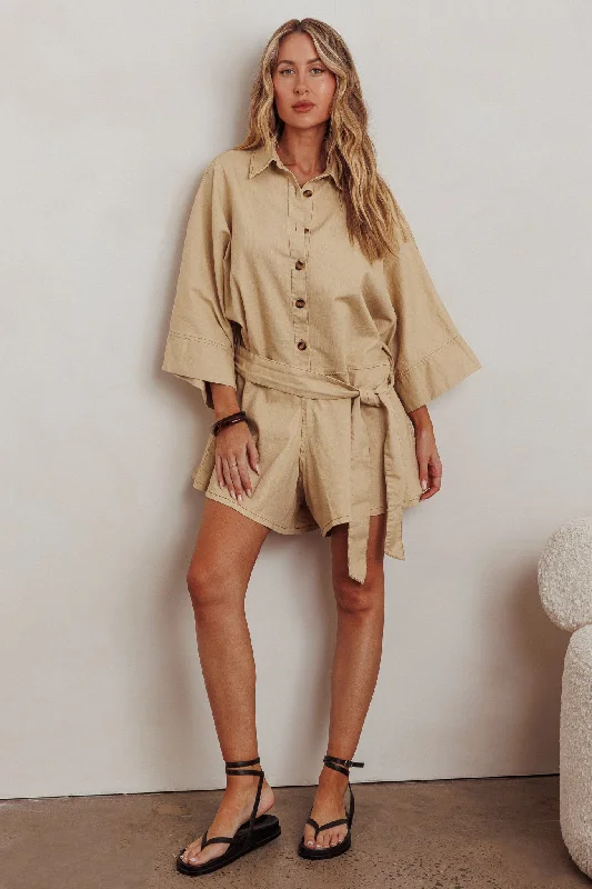 Daytona Beach Button-Up Romper Beige