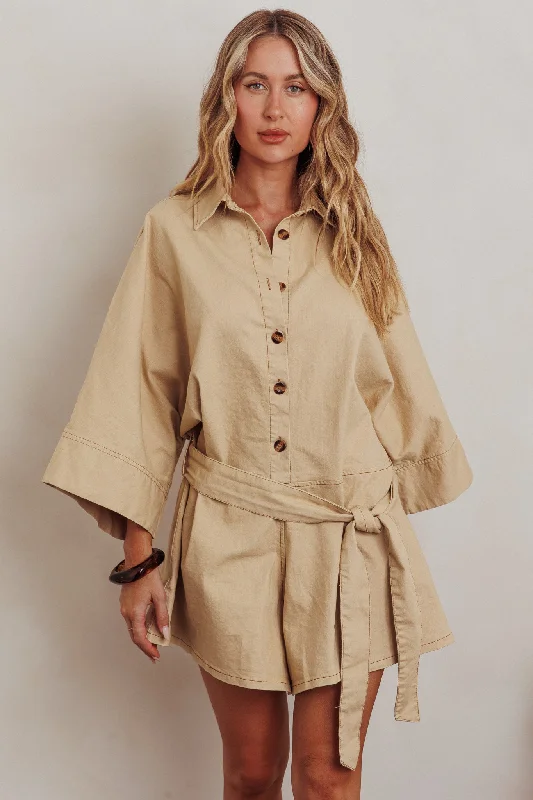 Daytona Beach Button-Up Romper Beige